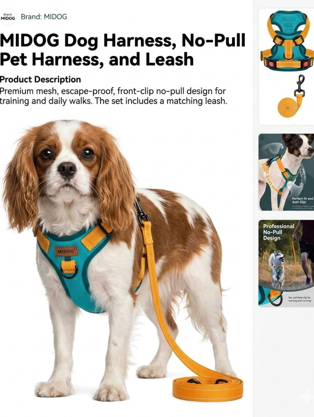 New MIDOG No Pull Dog Harness & Leash Set Reflective Mesh Vest Orange Blue Large